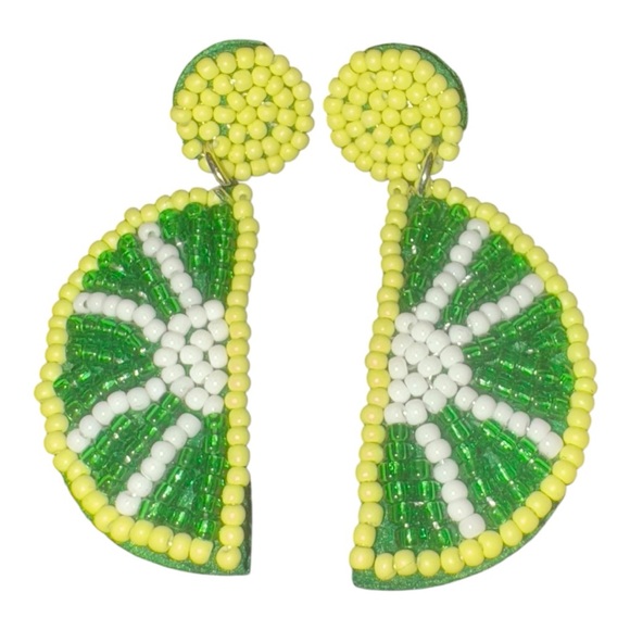 Jewelry - Beaded Lime Slice Statement Earrings Green Yellow Citrus Margarita Night J23